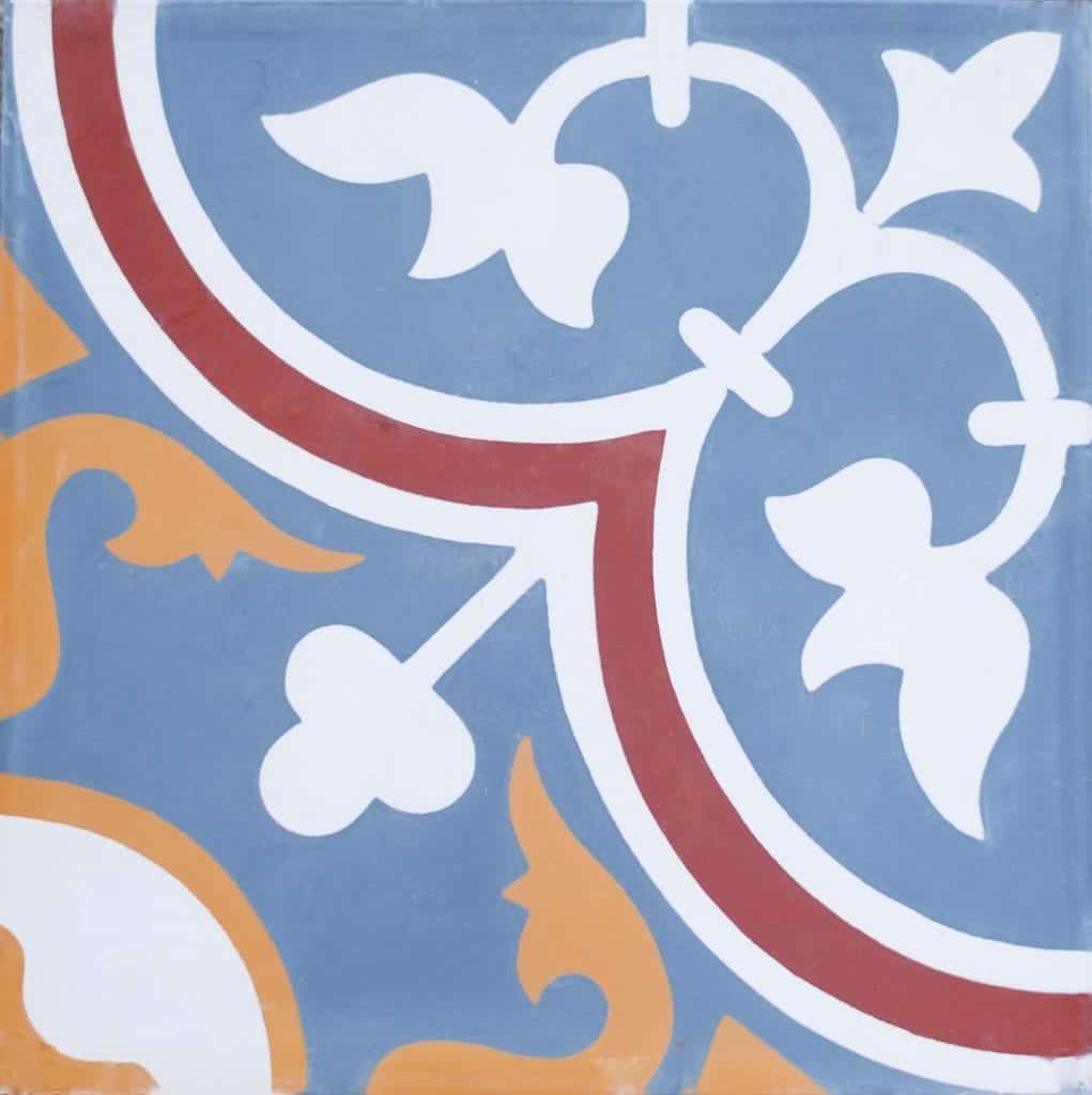 Encaustic Cement Tile - Roseton Tile Pattern in Blue, White, Red & Gold