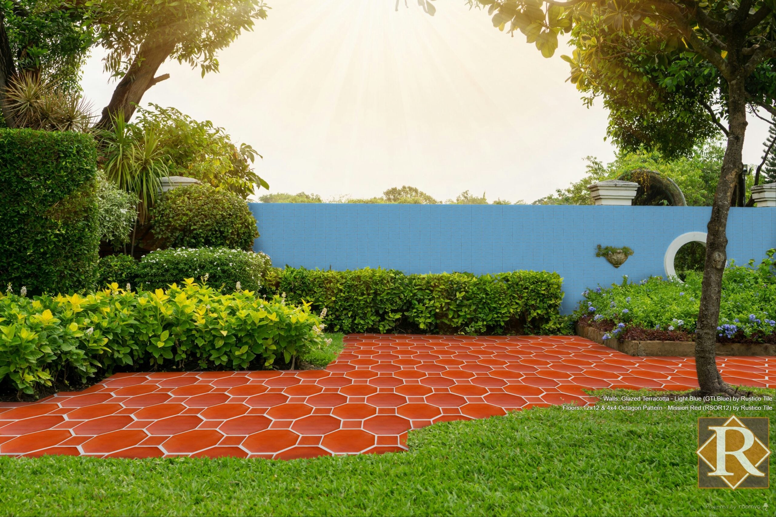 outdoor mexican tile patio with octagon pattern and blue glazed ceramic wall tiles
